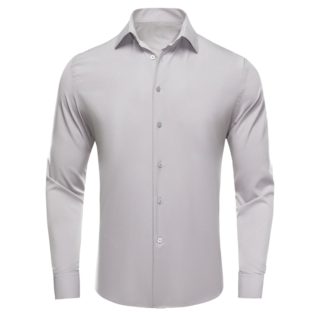 Showlu Fashion men's long sleeve silk dress shirt in various colors with lapel collar, suitable for business, wedding, or formal wear.