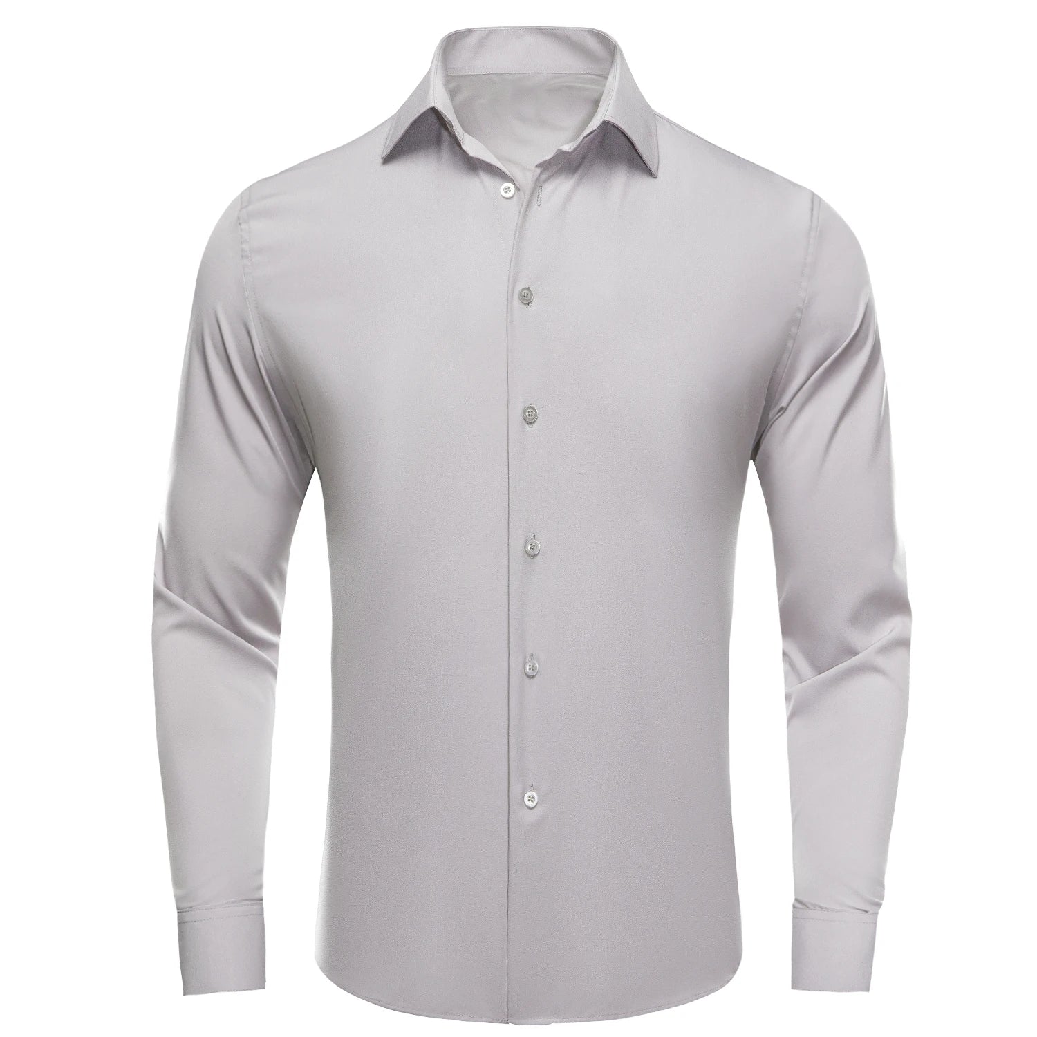 Showlu Fashion men's long sleeve silk dress shirt in various colors with lapel collar, suitable for business, wedding, or formal wear.