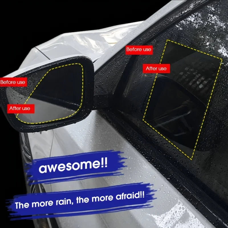 Showlu Smart General car rearview mirror anti-fog rainproof film set shown on a vehicle mirror with installation details