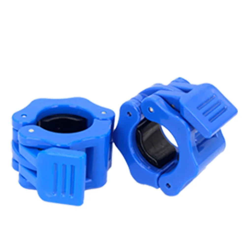 Pair of Showlu Fitness Store barbell clamps with quick-release hexagon design, plastic universal collars for secure weight lifting.