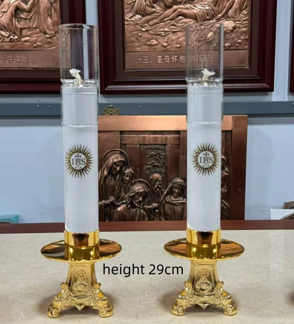 Showlu Catholic copper oil lamp candle stick with gold gilded symbol, ornate design, and traditional religious style.