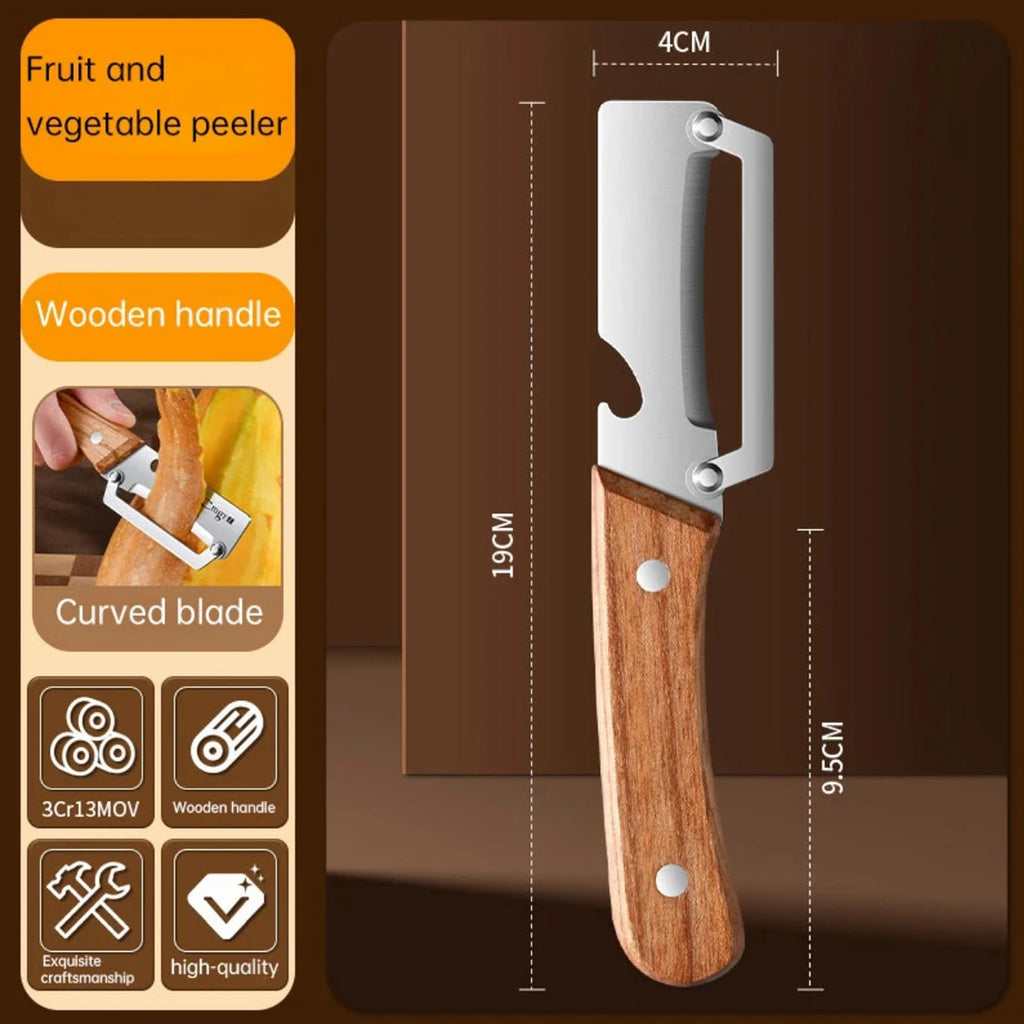 Stainless steel peeler with wooden handle for peeling and slicing fruits and vegetables, showing a close-up of the tool.