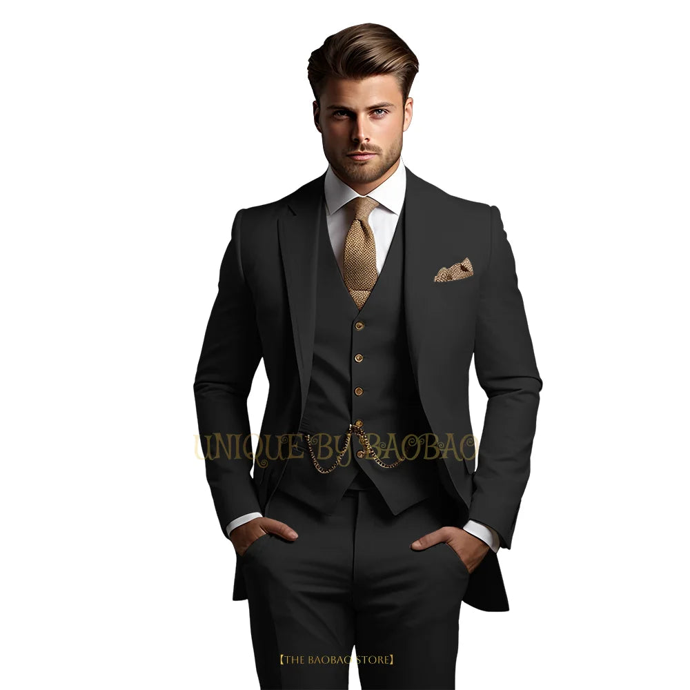 Men's grey 3-piece suit with jacket, vest, and trousers, elegant wedding and formal attire by Showlu Fashion Store.