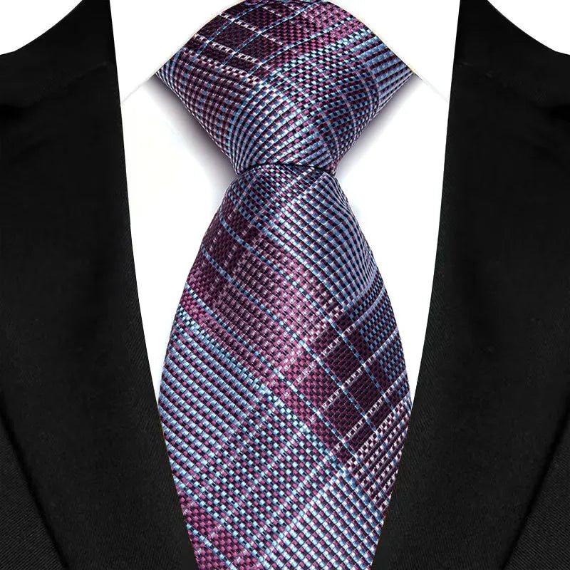Purple men's necktie with floral plaid stripes, jacquard woven design, suitable for business, wedding, or party occasions.