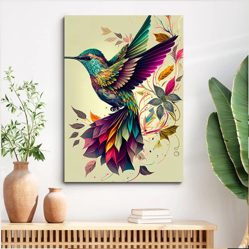Colorful watercolor hummingbird and flower wall art canvas print, vibrant bird and floral design for living room decor