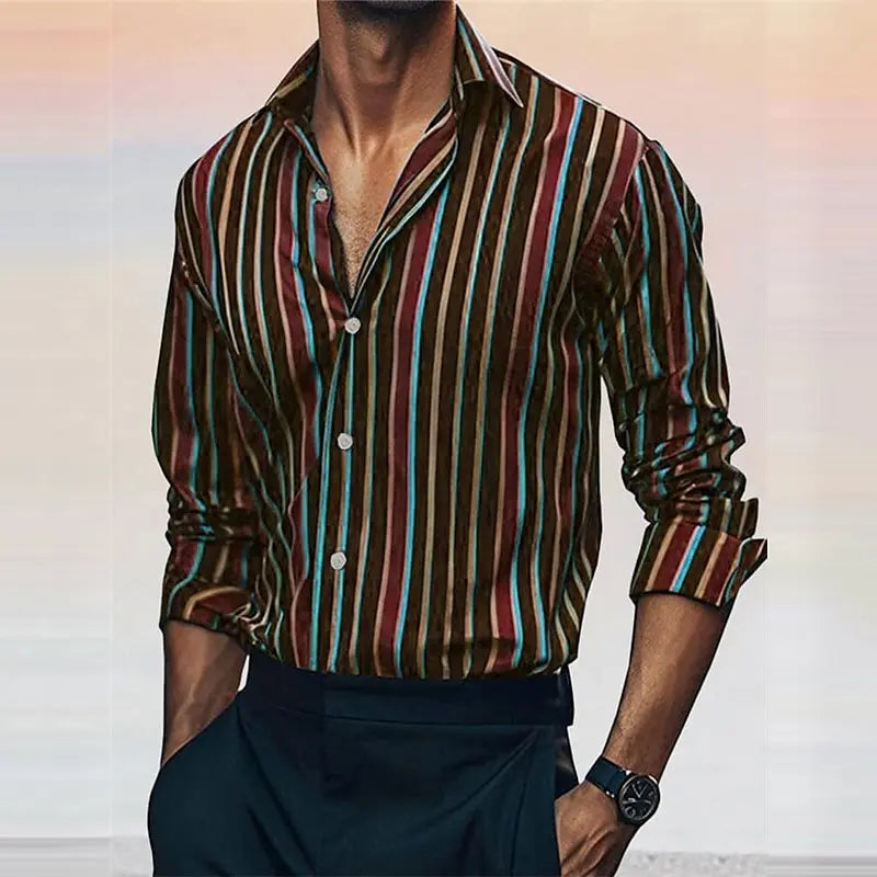 Men's striped casual shirt by Showlu Fashion Store, long sleeve, lapel, button-up, soft and comfortable material, stylish plus size.