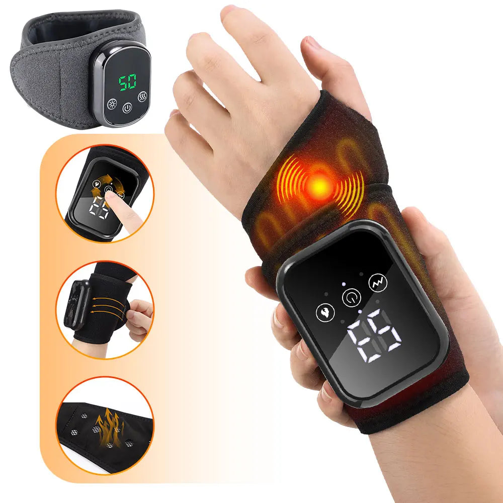 Electric heating wrist massager and brace with vibration therapy for carpal tunnel, tenosynovitis, and wrist fatigue relief.