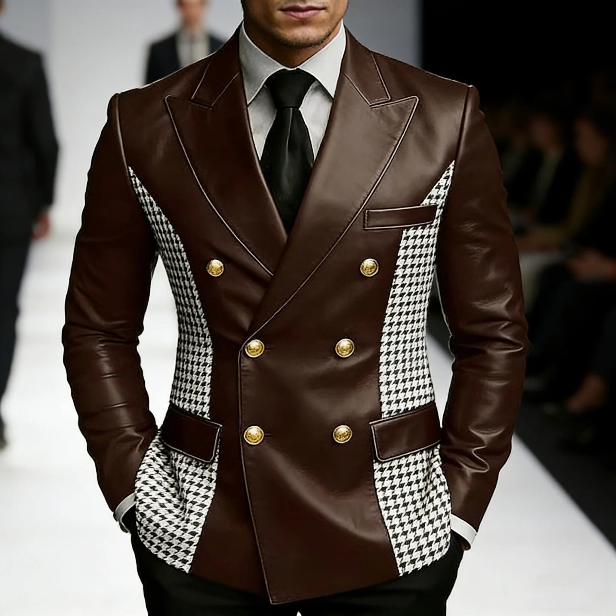 Men’s brown leather blazer with houndstooth side panels, vintage two-tone design, gold buttons, slim fit, double-breasted leather tuxedo jacket.