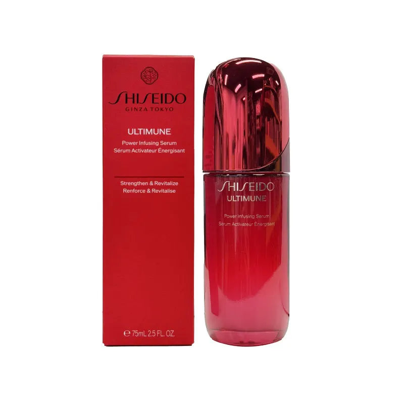 Shiseido Ultimune Power Infusing Concentrate IV face serum bottle with pump for skin barrier strengthening and hydration.