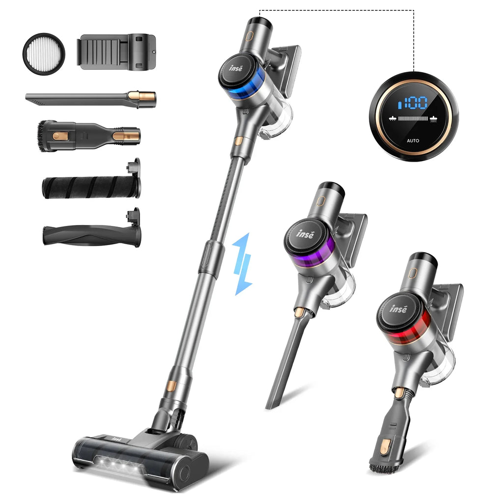 INSE S9 cordless stick vacuum cleaner with 30KPa suction, 400W power, ideal for pet hair and floor cleaning.