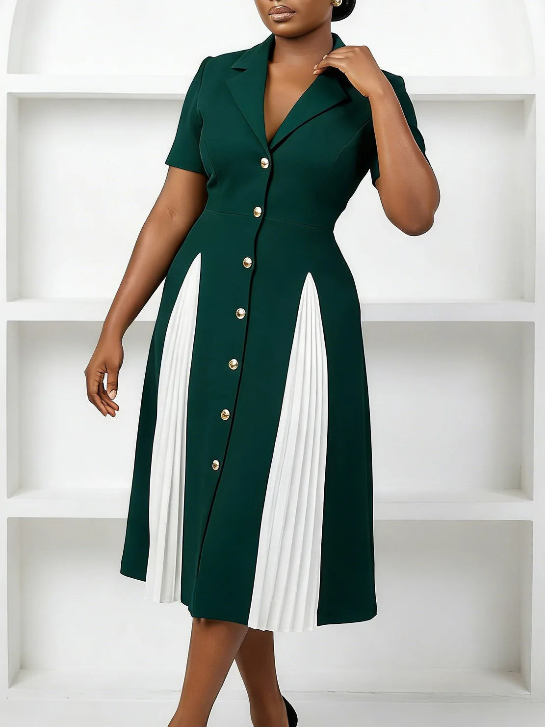 Elegant women's business casual dress by Showlu Fashion with patchwork cotton blend fabric, suitable for office or casual wear.