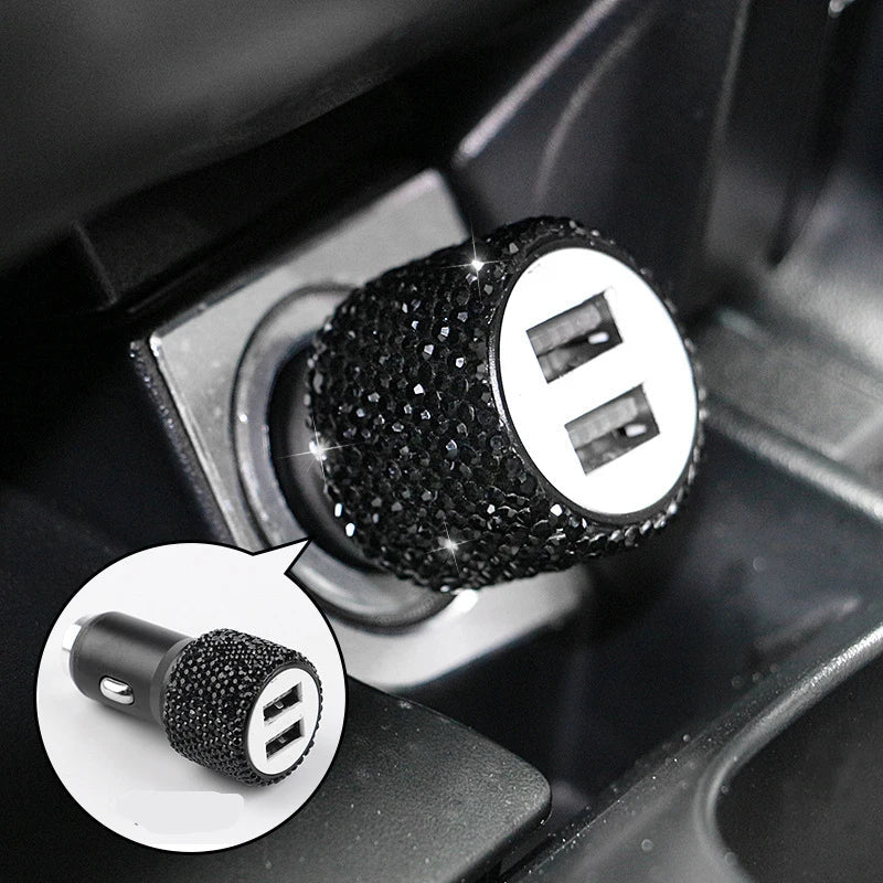Diamond car charger by SHOWLU FASHION STORE with dual USB ports, fast charge, safety hammer, and stylish design.