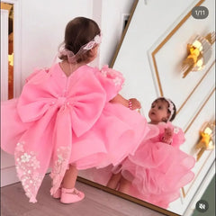 Pink Flower Girl Dress with Big Bow & Floral Details, First Communion & Wedding Party Gown for Toddlers فساتين اطفال
