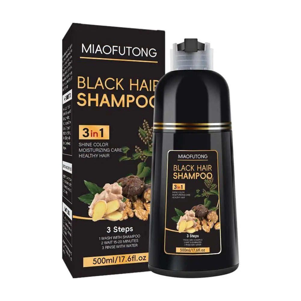 Polygonum Multiflorum 3-in-1 natural black hair dye shampoo bottle, 500ml, with black and white packaging and product label.