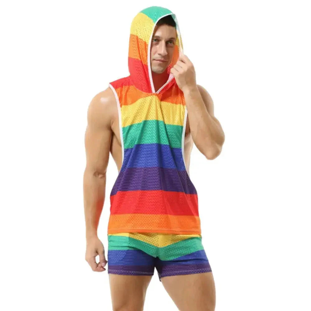 Men's rainbow striped hooded tank top and mesh shorts fitness set, SHOWLU FASHION STORE, casual athletic wear for active lifestyles.