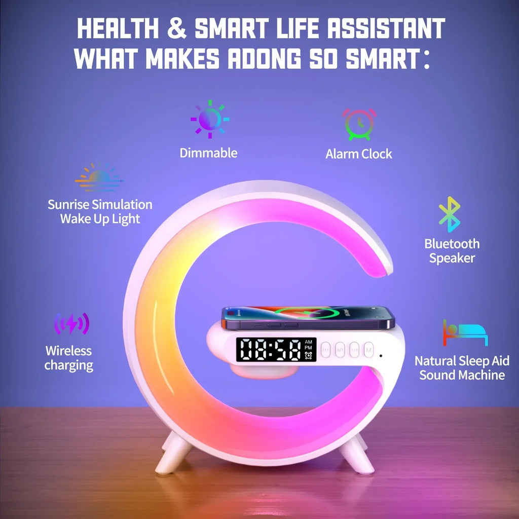 Showlu 15W fast wireless charging pad with built-in mini Bluetooth speaker lamp, compact and modern design for convenient charging and lighting.