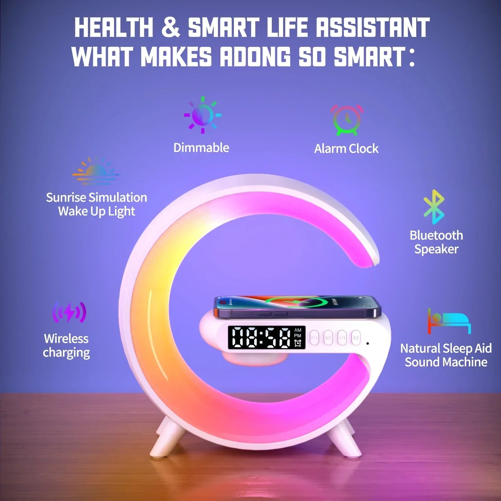Showlu 15W fast wireless charging pad with built-in mini Bluetooth speaker lamp, compact and modern design for convenient charging and lighting.