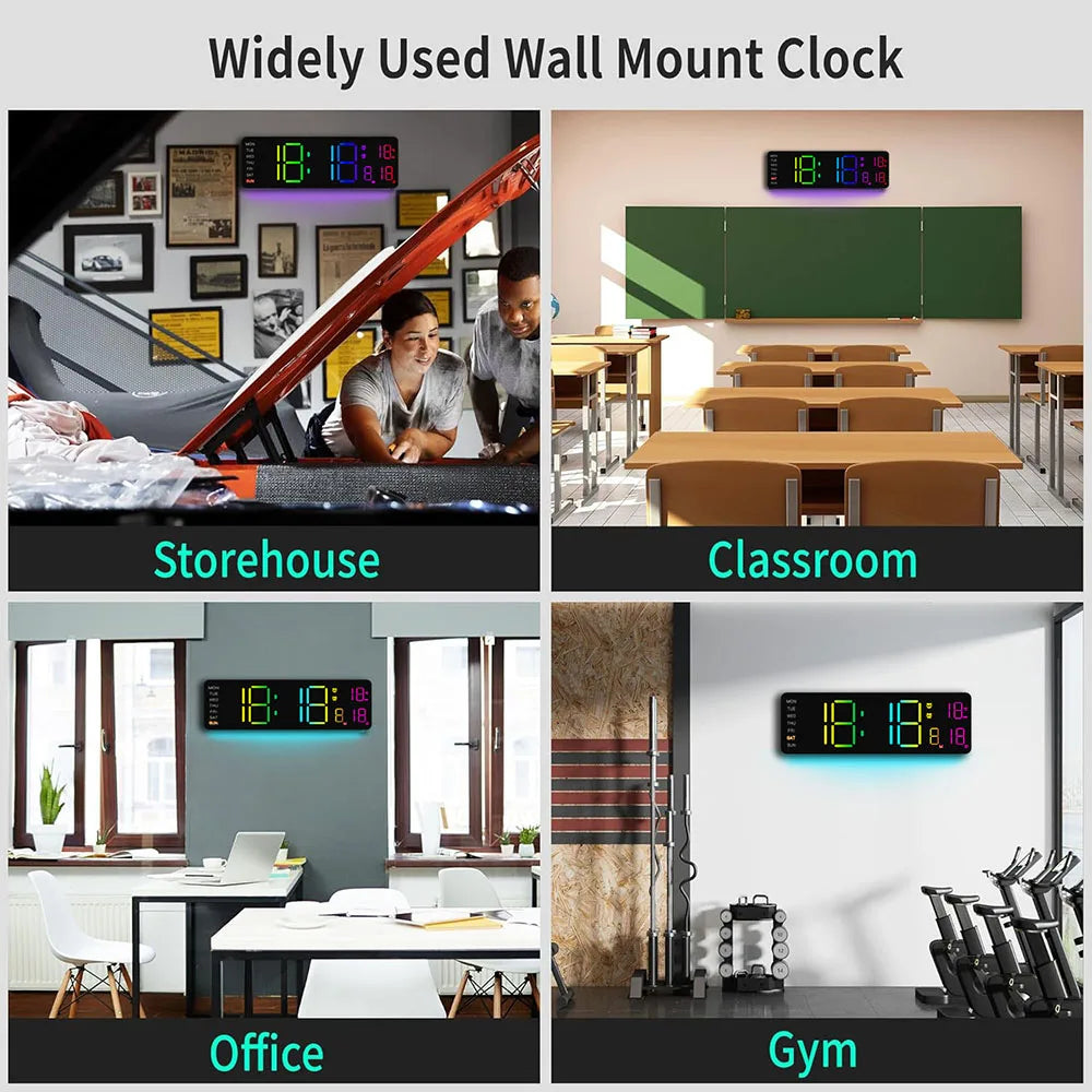 13-inch LED digital wall clock with RGB night light by Showlu Smart General, showing time display and colorful backlit features.