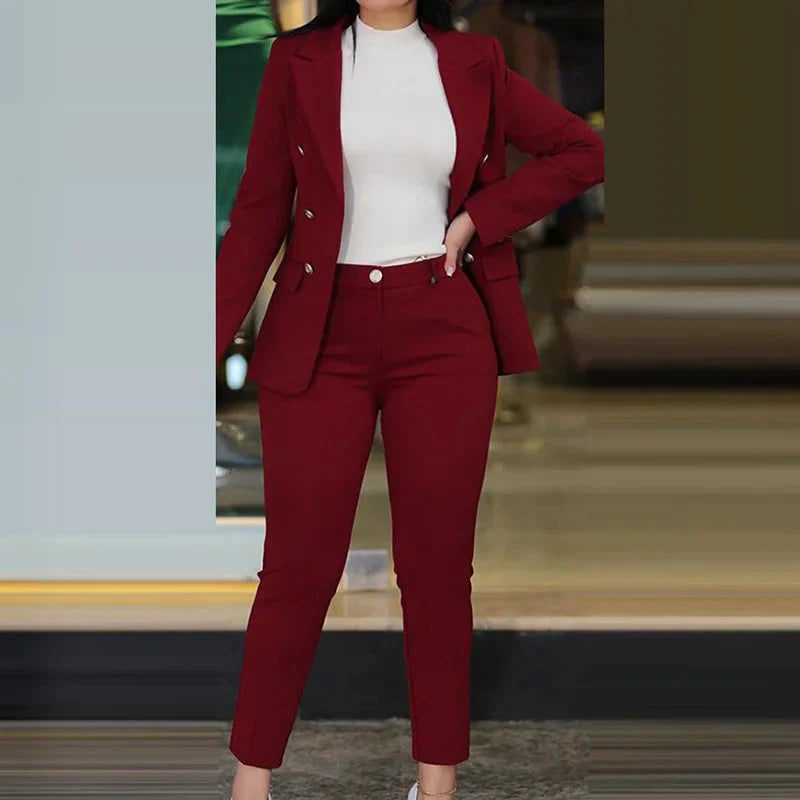 Navel Orange Women's slim fit pant suit by SHOWLU FASHION STORE featuring a solid cardigan and pencil pants, styled for professional wear.
