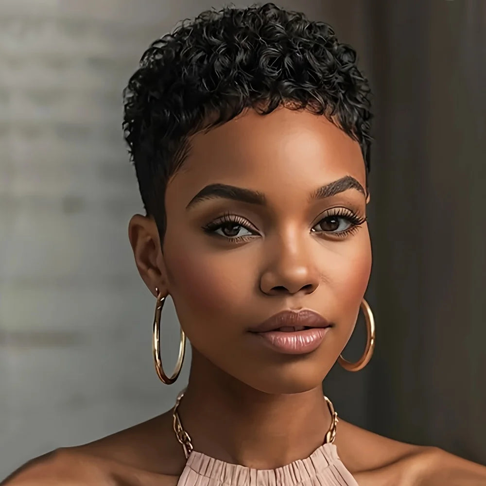 Short afro curly human hair wig with 150% density, black Remy hair, 4-inch pixie cut, machine-made by Showlu Fashion Store.