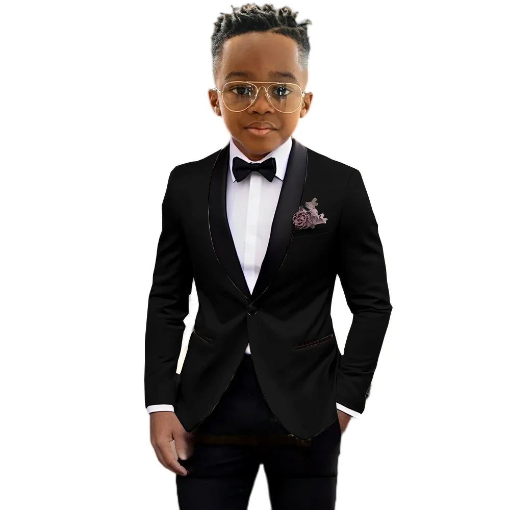 Boy's formal blazer and pant suit set by Showlu Fashion for children aged 2-16, suitable for weddings, parties, and stage performances.