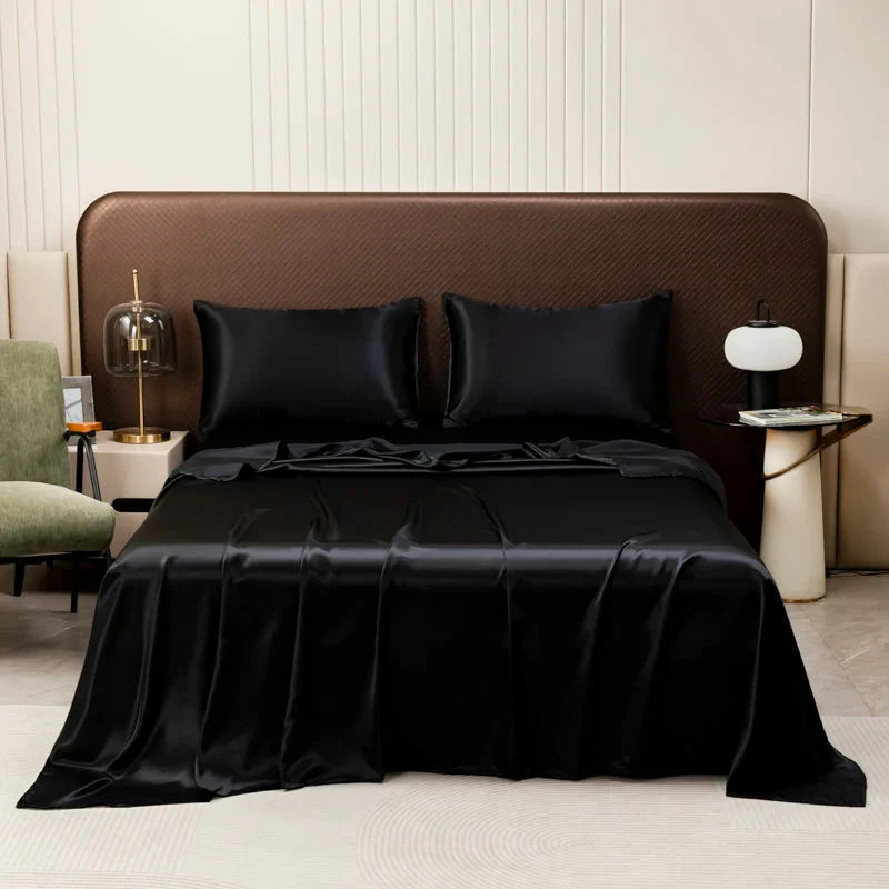 Showlu Satin Silk Flat Bed Sheet in smooth 500TC polyester, featuring a luxurious, shiny finish ideal for elegant bedding.