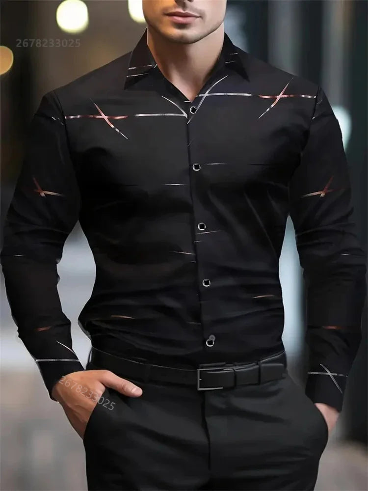 Men's long-sleeved casual shirt with geometric line 3D print, lapel collar, in large size, from Showlu Fashion Store.