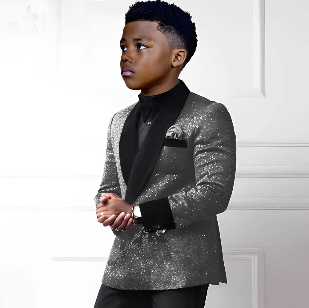 Sequin boys suit 2-piece set with double-breasted blazer and pants, stylish wedding tuxedo outfit for kids aged 2-16 years.