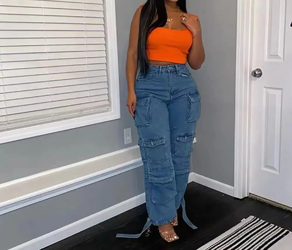 Naupang women's high-waisted cargo jeans with loose fit and multiple pockets, denim fabric, shown in a stylish casual look.