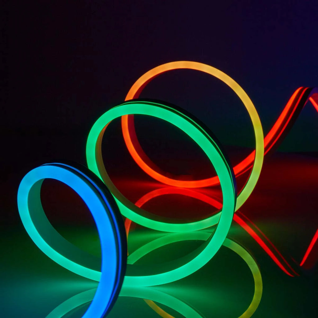 Showlu Smart RGBIC Neon LED strip light with Bluetooth app control, 5V, colorful lighting display, flexible design for decor.