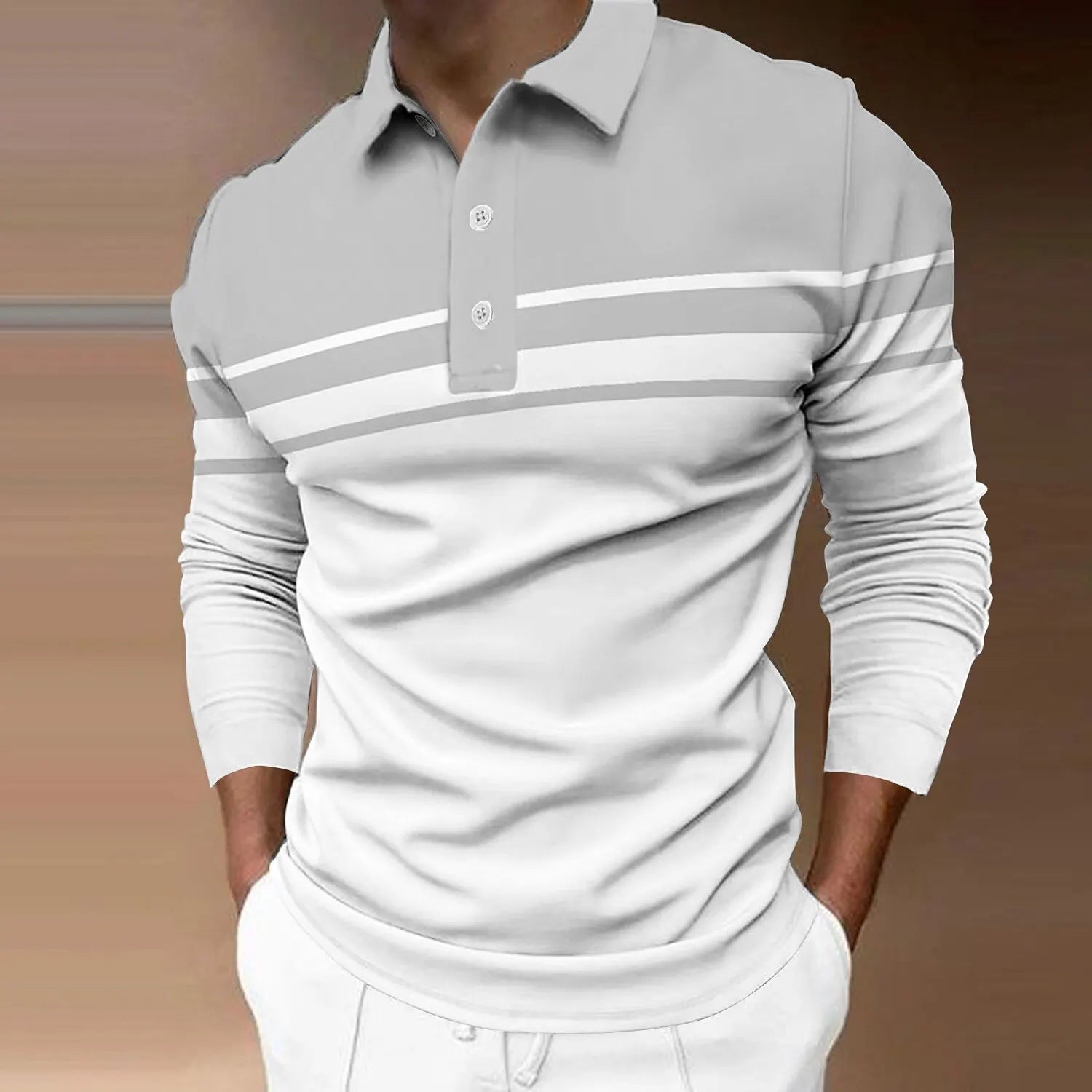 Men's striped rugby polo shirt with long sleeves, lapel collar, casual outdoor and office wear by Showlu Fashion.