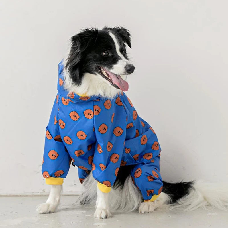 Showlu waterproof hooded dog raincoat with four-leg jacket, ideal for keeping dogs dry in wet weather.