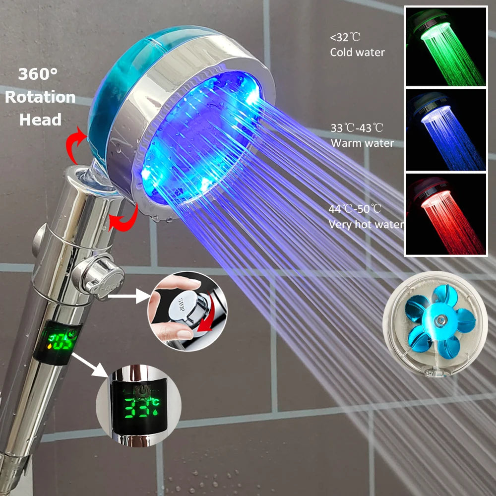 Showlu Smart General LED handheld shower head with temperature display and adjustable pressure, shown in use.