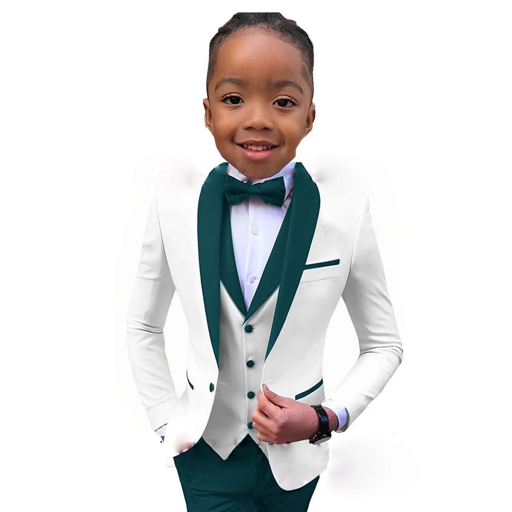White boys' tuxedo suit with royal blue collar, 3-piece formal wedding and party outfit for children aged 2-16 years.