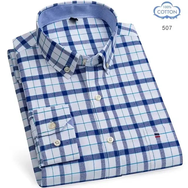Men's long sleeve plaid cotton Oxford shirt with red stripes, ideal for business or casual wear, in size 7XL from Showlu Fashion.