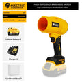 Electric Goddess Brushless Turbo Blower compatible with Dewalt 20V battery, shown with nozzle and compact design.