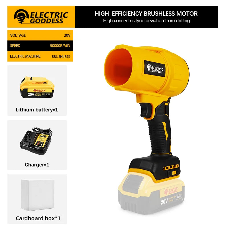 Electric Goddess Brushless Turbo Blower compatible with Dewalt 20V battery, shown with nozzle and compact design.