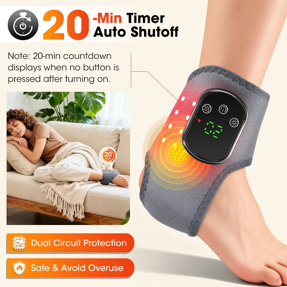 Electric heating ankle massager with red LED light, vibration, and adjustable brace for foot, wrist, and ankle pain relief.