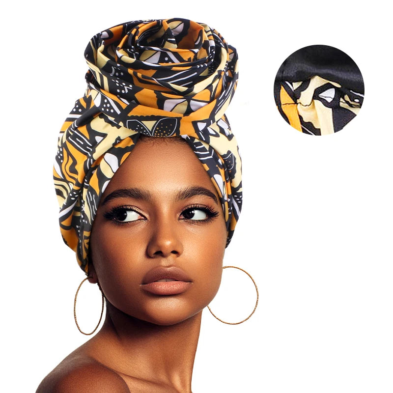 African satin-lined woman turban cap with big floral print, headwrap, bonnet, and Muslim headscarf for ladies.