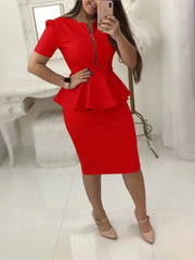 Elegant Women's Skirt Sets Solid Zipper V-neck Slim Top + Package Hip Knee-Length Skrits Suits Female Casual Work Two Pieces Set