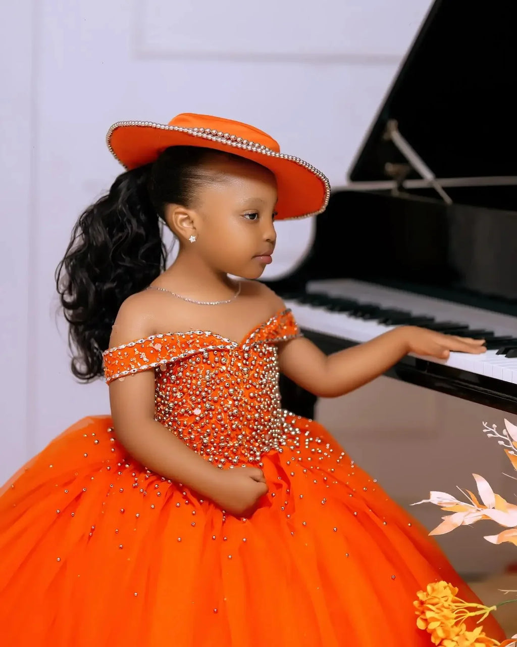 Custom Orange Off Shoulder Beaded Tulle Flower Girl Dress First Christmas Wedding Party Princess Gown فساتين اطفال س