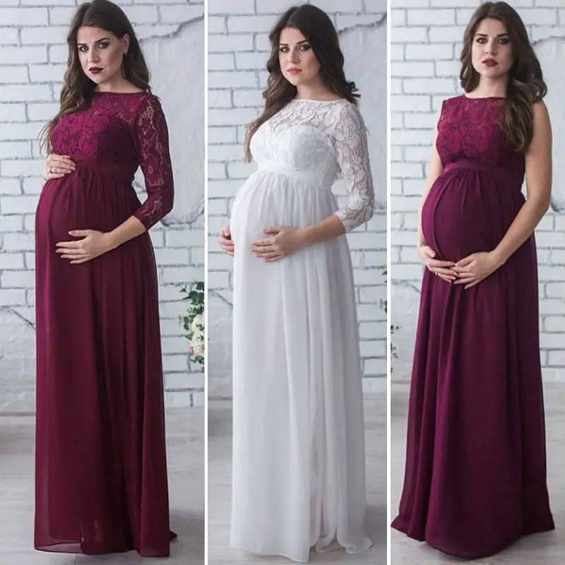 Lace maternity maxi gown with 3/4 sleeves by SHOWLU FASHION STORE, elegant photography dress for expecting mothers.