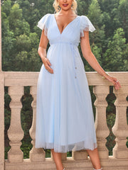 ItsRoya Double Layer Solid Mesh Maternity Dress V Neck Backless Ruffle Photography Props Dresses Loose Pregnant Women Clothing