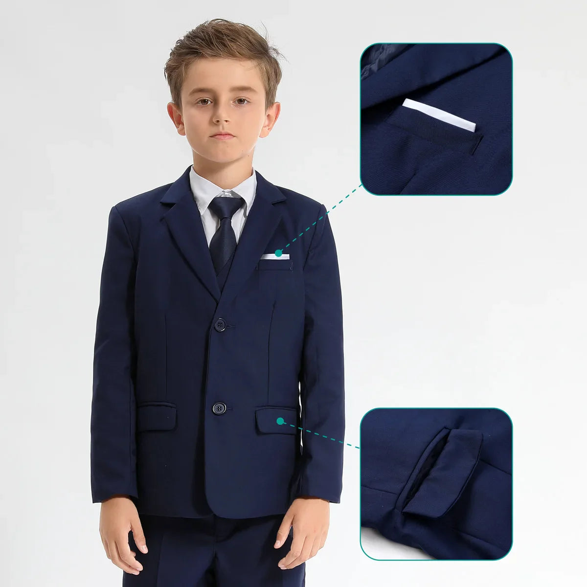 Boy's formal wedding suit by A&J DESIGN including tuxedo blazer, vest, and pants, perfect for special occasions and weddings.