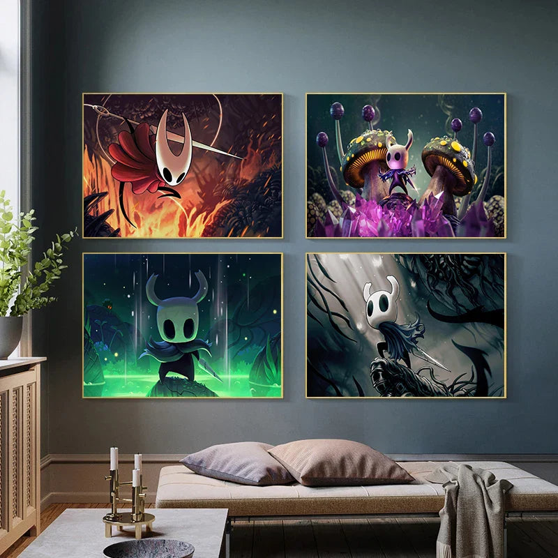 Hollow Knight canvas wall art featuring a modern video game poster with detailed character artwork for home decor.