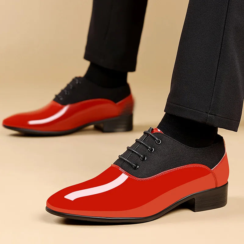Men's black patent leather Oxford shoes with pointed toes, formal dress shoes for weddings by Showlu Fashion Store.