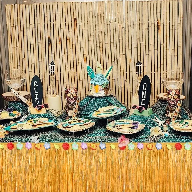 Hawaiian grass table skirt by Showlu Fashion Store, tropical party decor with lush green grass design around a table.