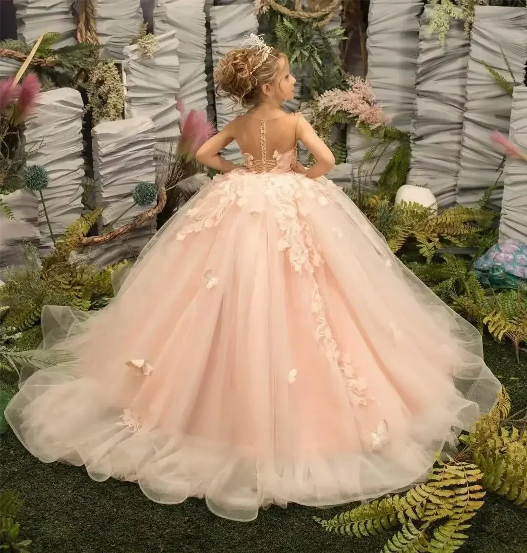 Kingbridal 3D butterfly and flower girl dress by Showlu Fashion, tulle lace ball gown for pageants, with intricate floral and butterfly details.