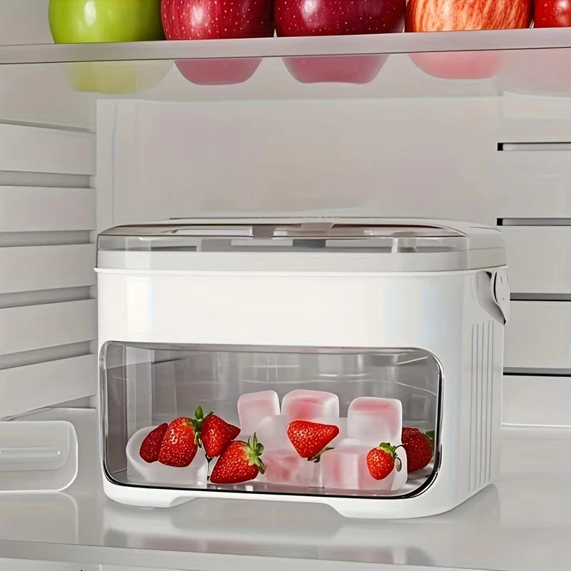 Showlu Smart Mini Portable Ice Cube Machine with 50-grid plastic ice box, compact and convenient for cooling needs.