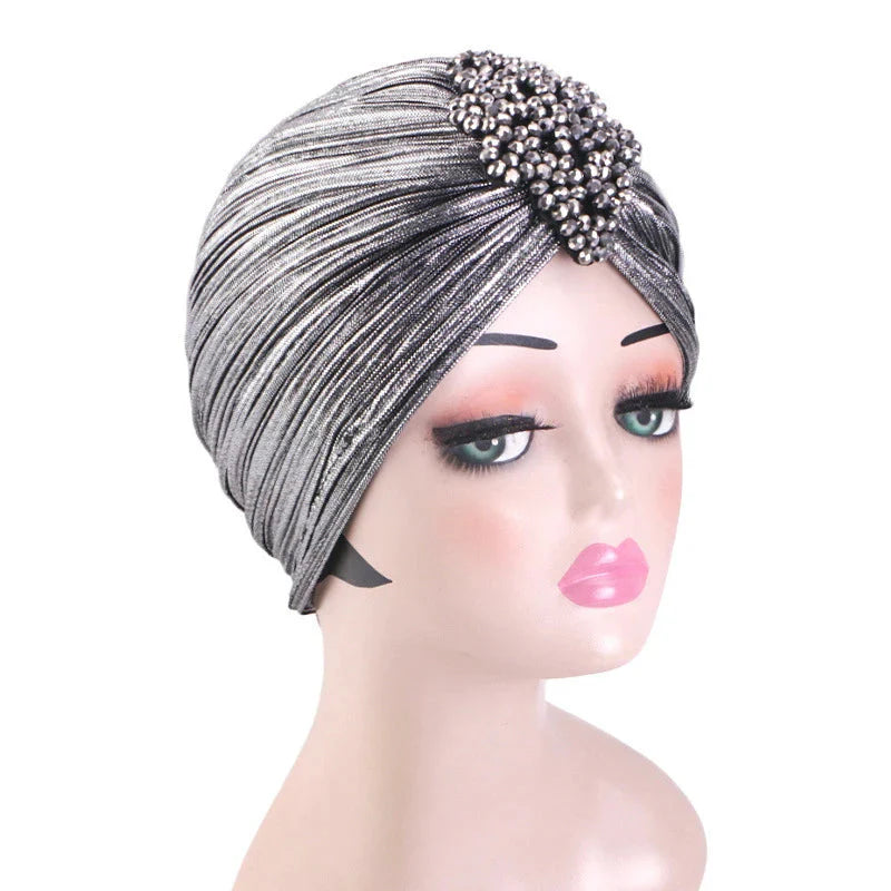 Showlu Fashion women's diamond pleated turban hijab chemo cap wrap, stylish head covering with intricate pleated design.